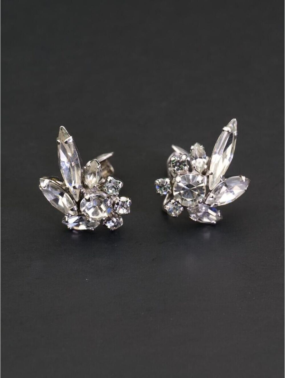 Vintage Sherman Rhinestone Clip-On Earrings, Floral Cluster Design